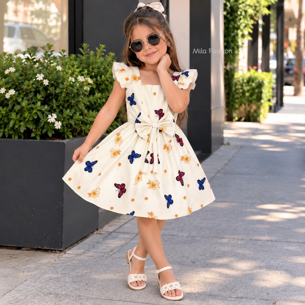 Vestido Infantil borboleta menina com laço estampado borboletinhas  4-12 ANOS  Vestido menina