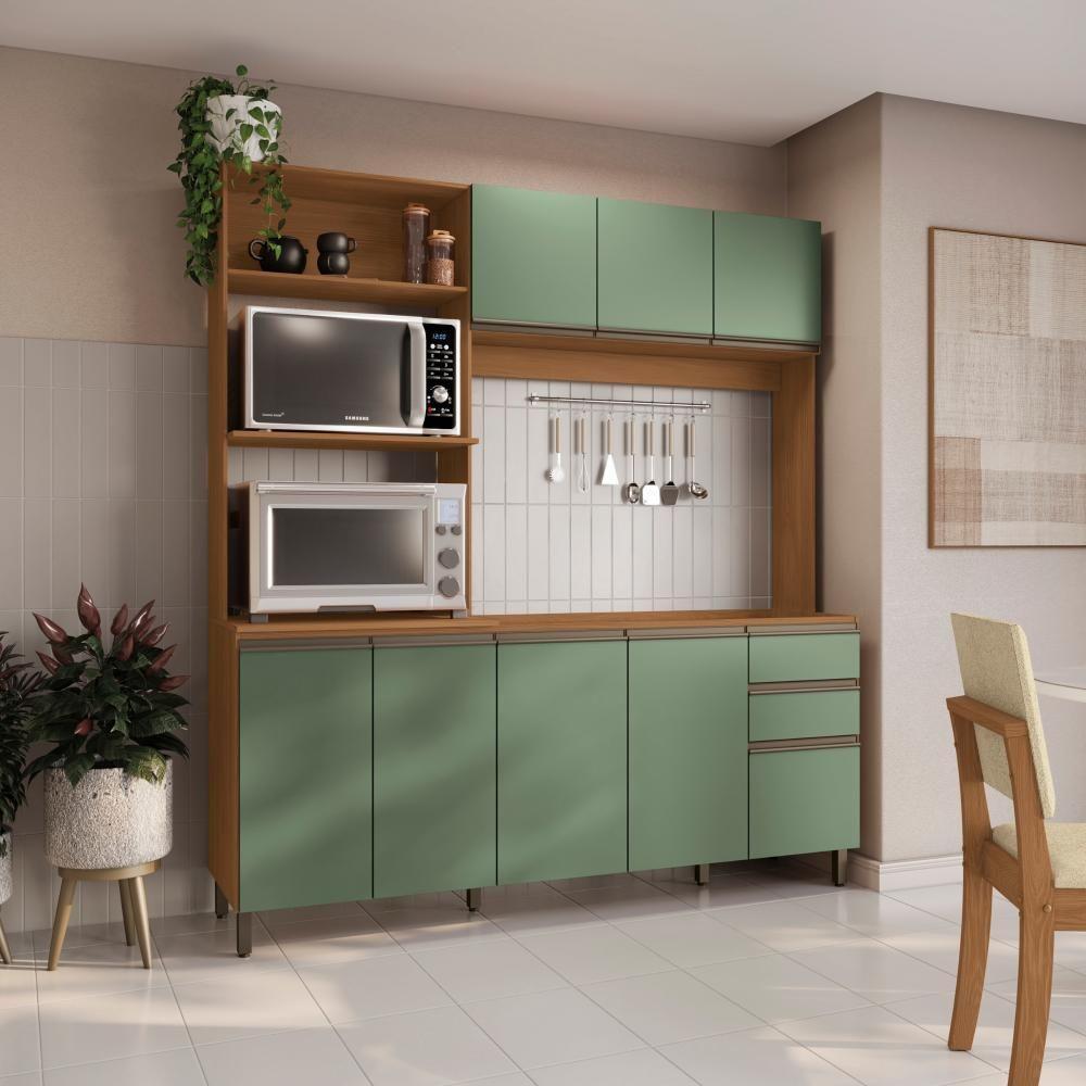 Cozinha Compacta Luna 7 Portas 3 Gavetas MDP Canela Verde Oliva Kappesberg