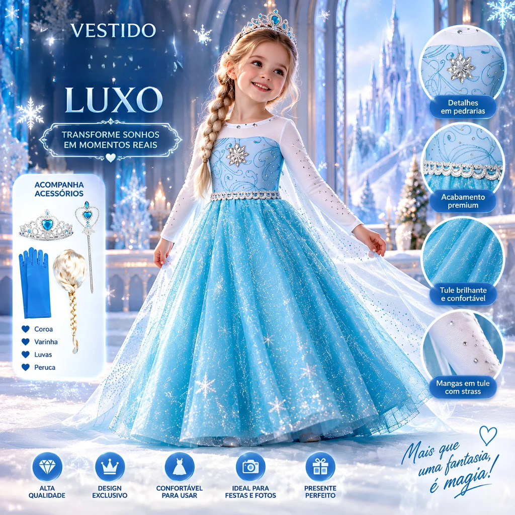 Vestido Frozen Luxo Fantasia Infantil Elsa Com Capa Acessórios Peruca