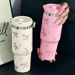 Garrafa Térmica de Aço Inoxidável com Estampa do Laço rosa 900ml, com Alça e Canudo