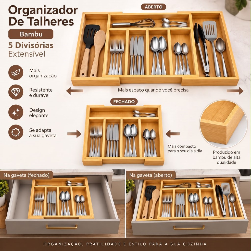 Porta Talheres Gaveta Bambu 7 Divisórias Extensível Ajustável Organizador Talheres