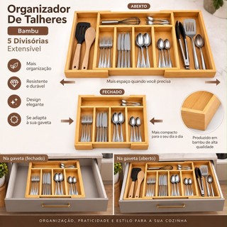 Porta Talheres Gaveta Bambu 7 Divisórias Extensível Ajustável Organizador Talheres