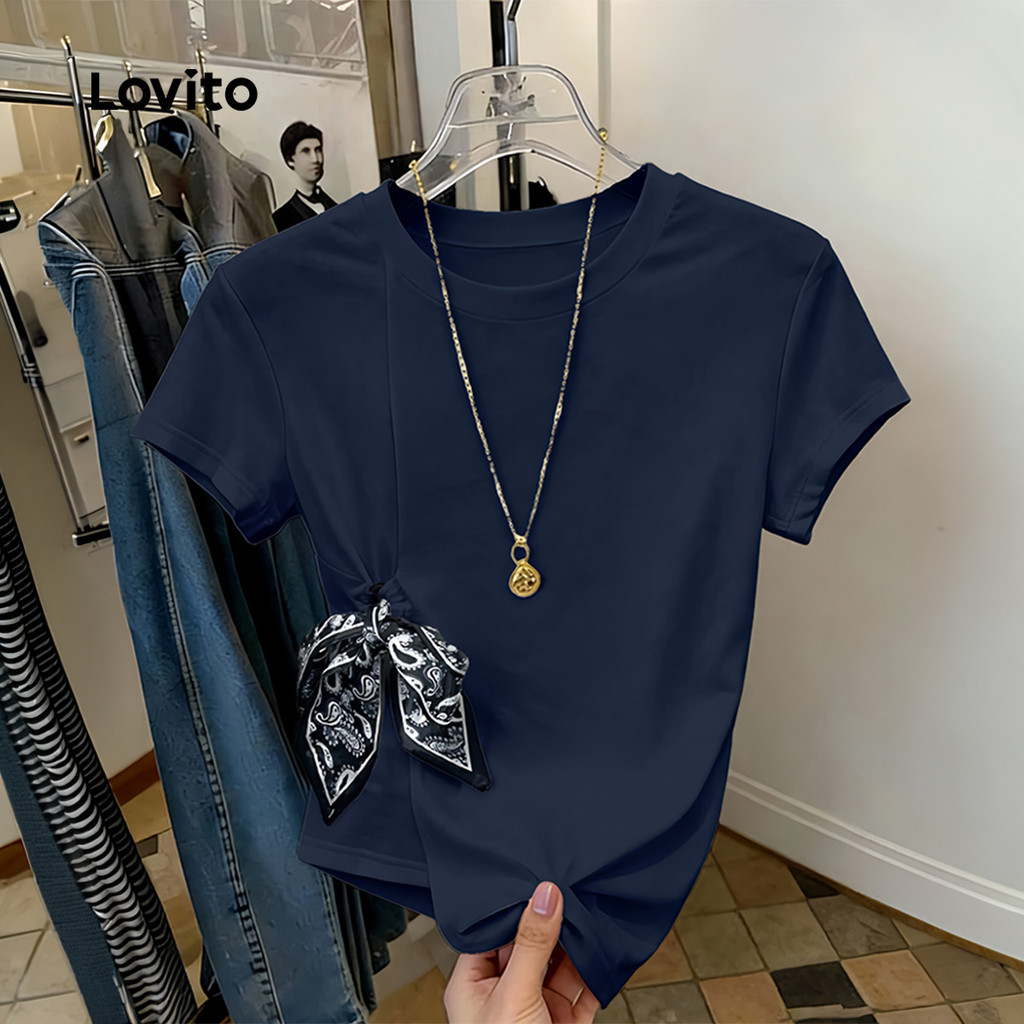 (New Arrival) Lovito Camiseta Feminina Azulescura Manga Curta Gola Redonda Com amarração Para Trabalho primavera/verão TSK10P1D832 · foto 2