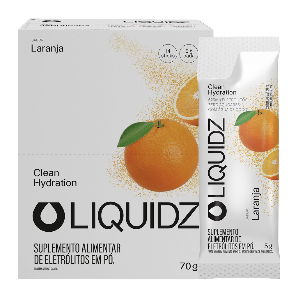 LIQUIDZ® - Eletrólitos Zero Açúcares - Sabor Laranja - Kit 1 Caixa - 14 sachês