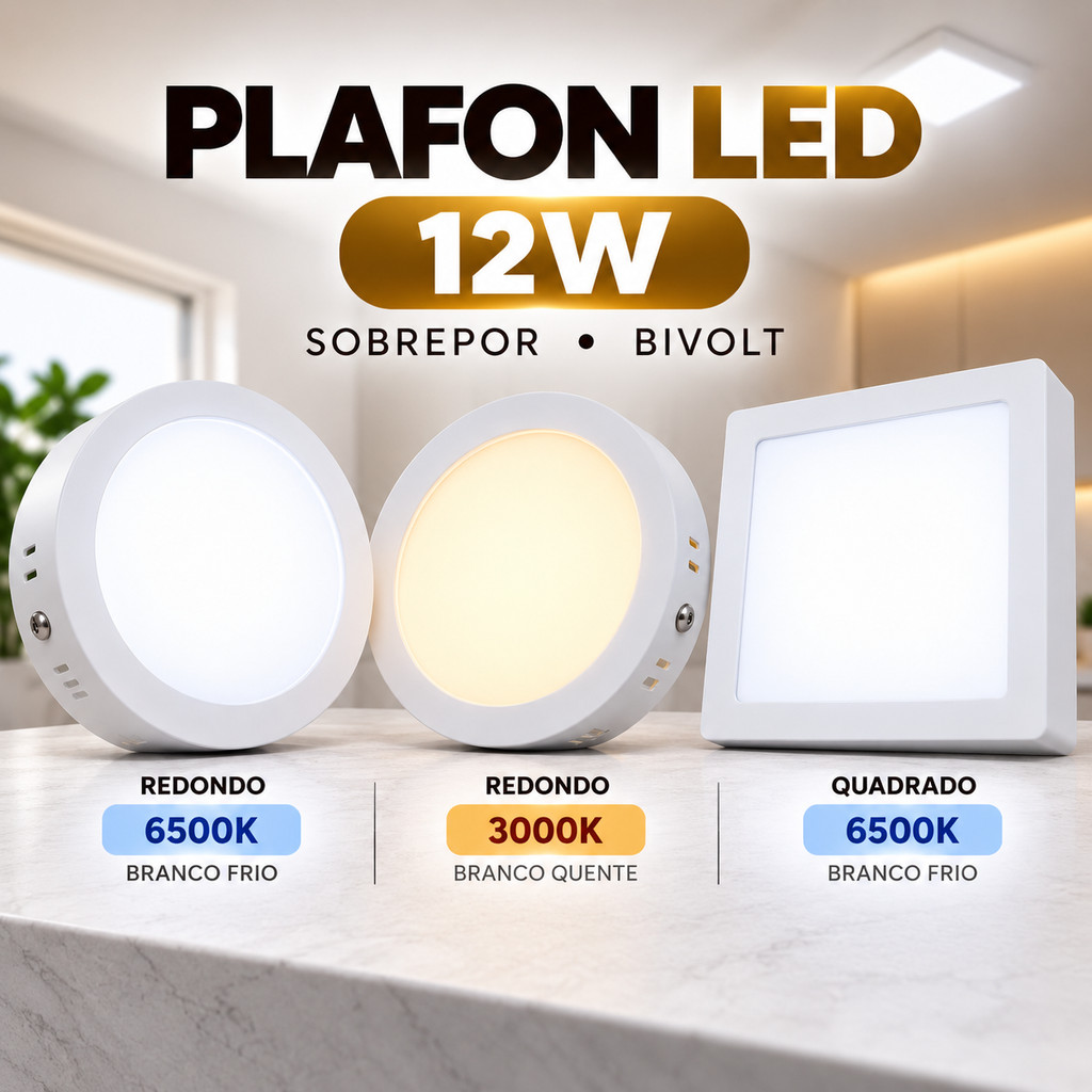 Plafon Painel Luminária LED 12W Sobrepor Quadrado Redondo Bivolt Teto Branco Frio 6500K Quente 3000K Ultra Slim