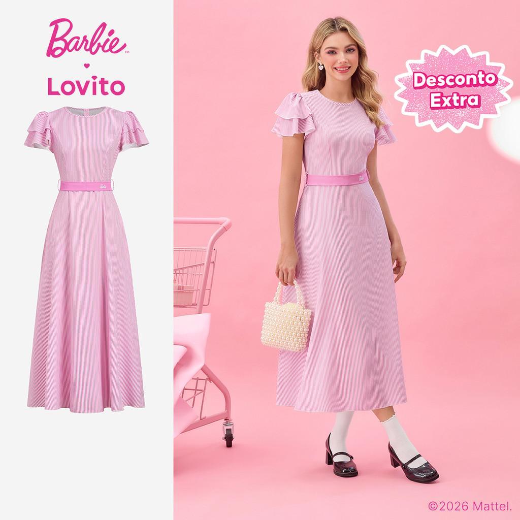 Barbie™ X Lovito Vestido Elegante Casual Colorblock Padrão Babado Primavera/Verão Para Mulheres DRBL2PAD049