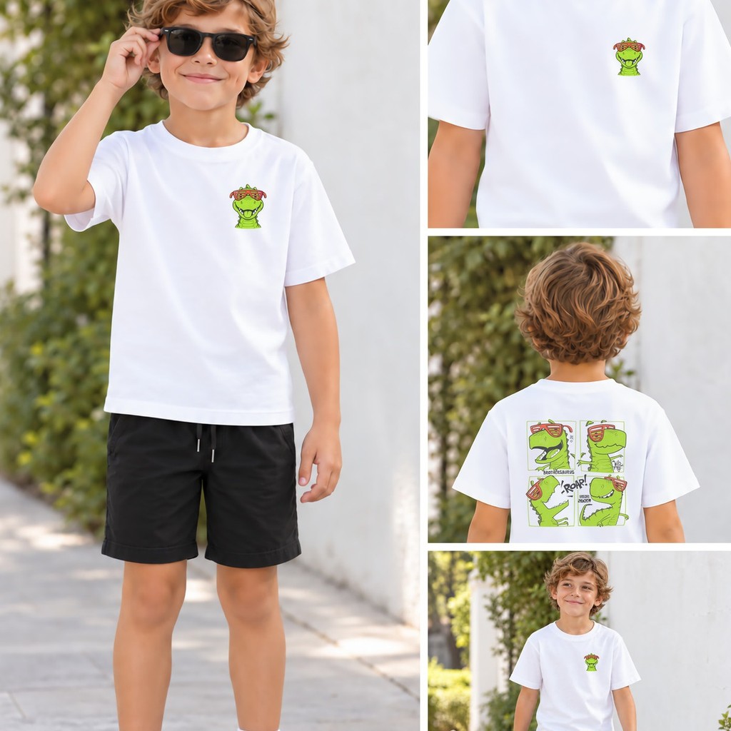 Camiseta Infantil Menino Dinossauro T-Rex Óculos Estampada Divertida 100% Algodão Fim de Semana Presente Rolê