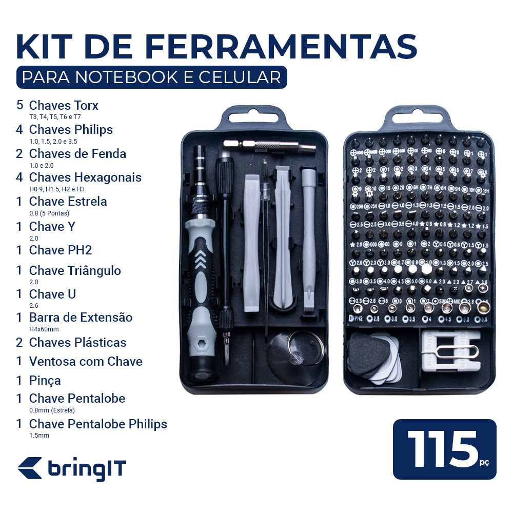 Kit de Ferramentas de 115 Peças para Notebook, Celular, Tablet e PC