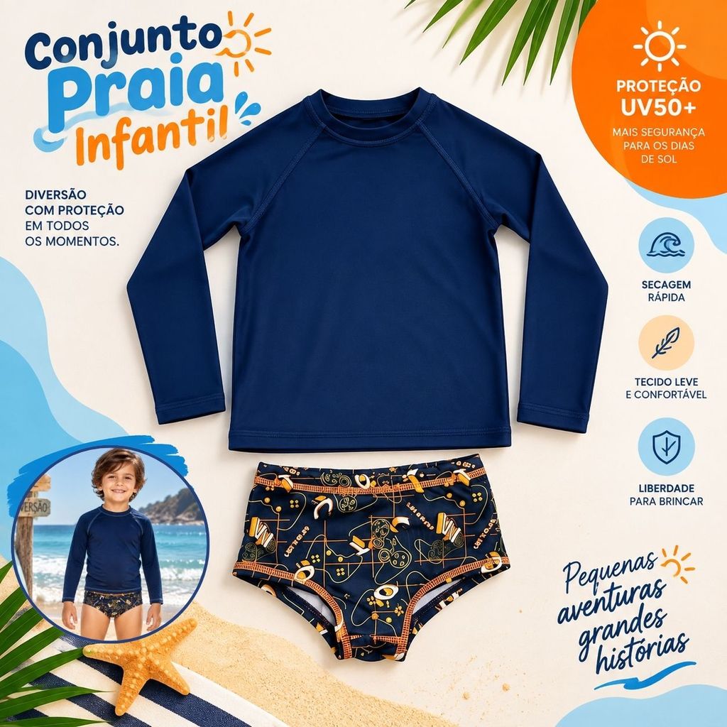Conjunto Bebe Menino Proteção UV50+ Camiseta E Sunga Infantil Praia Piscina Natação Blusa Térmica