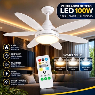 Ventilador de Teto LED 100W 6 Hélices 3 Cores Bivolt Silencioso Design Moderno