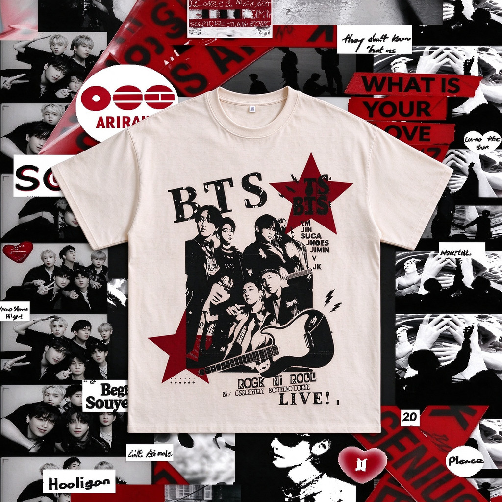 Camiseta Feminina Estampa Rockero BTS Estrelas Vermelhas Moderna Confortável Atemporal Casual