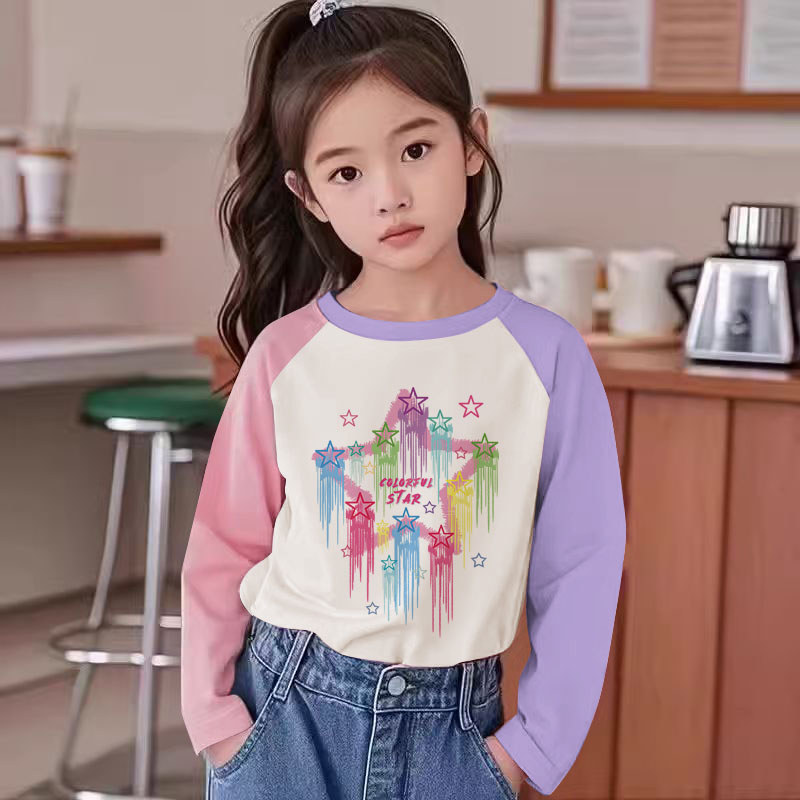 Meninas cor bloqueando puro algodão manga comprida camiseta outono novo estilo médio grande crianças moda meninas impres