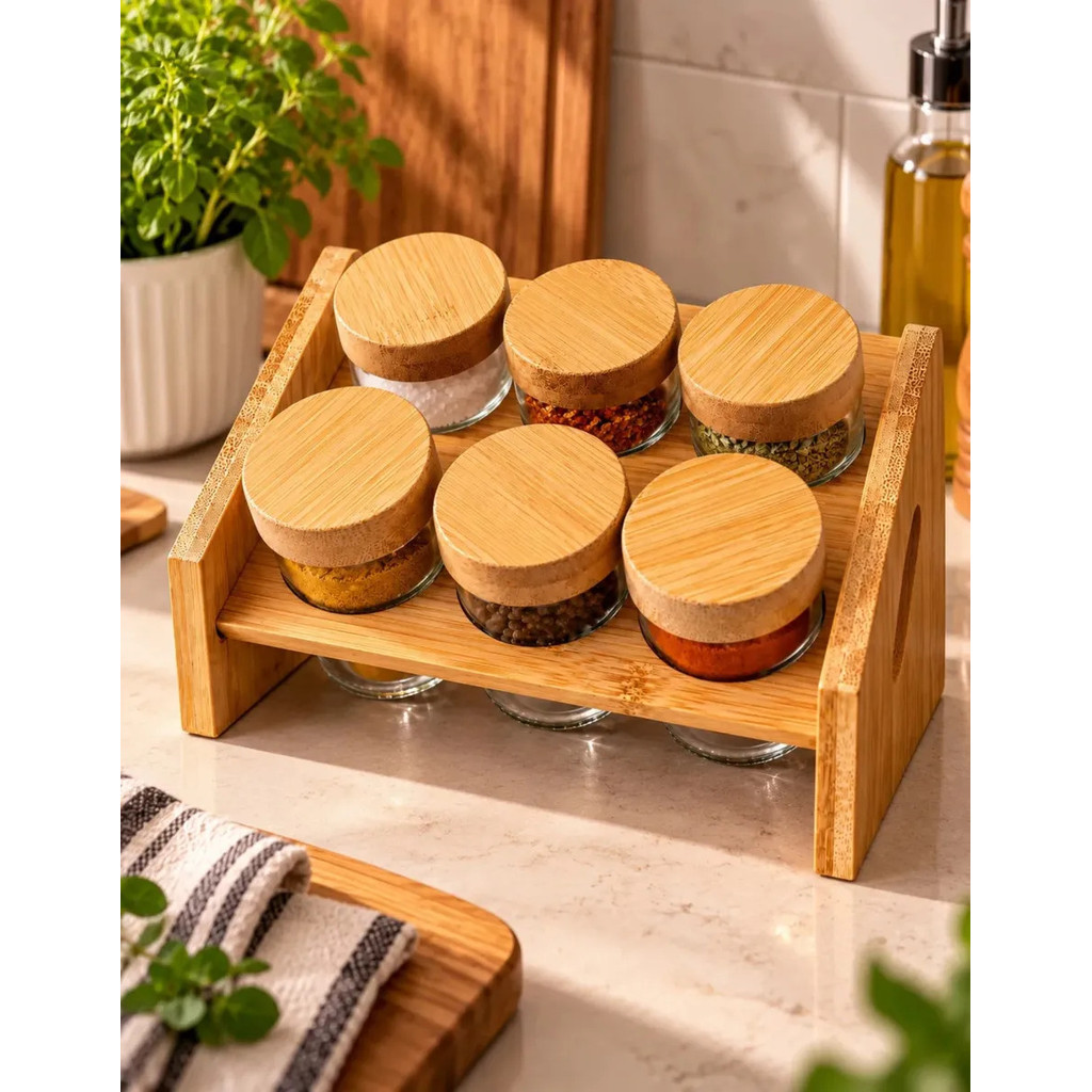 Conjunto Kit Porta Temperos 6 Potes Vidro com Tampa de Bambu e Dosador Suporte Organizador de Temperos Porta Condimentos