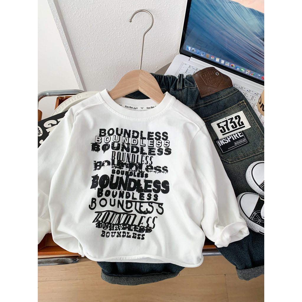 Meninos camiseta de manga comprida primavera outono camisa de fundo fino bonito menino carta impressa topo crianças All-