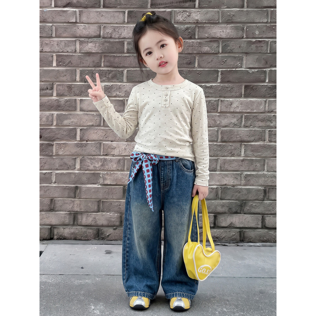 Meninas de manga comprida camiseta outono 2026 novo estilo bolinhas moda magro-ajuste crianças doce moda infantil camise
