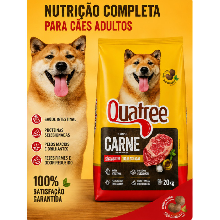 Ração Quatree Carne Cães Adultos Todas as Raças 15kg ou 20kg Sabor Carne Envio Imediato