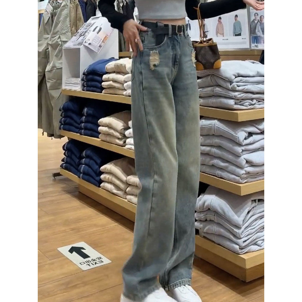 Retro calças de brim retas femininas 2026 primavera verão cintura alta solta mais magro olhar calças de perna larga Desi