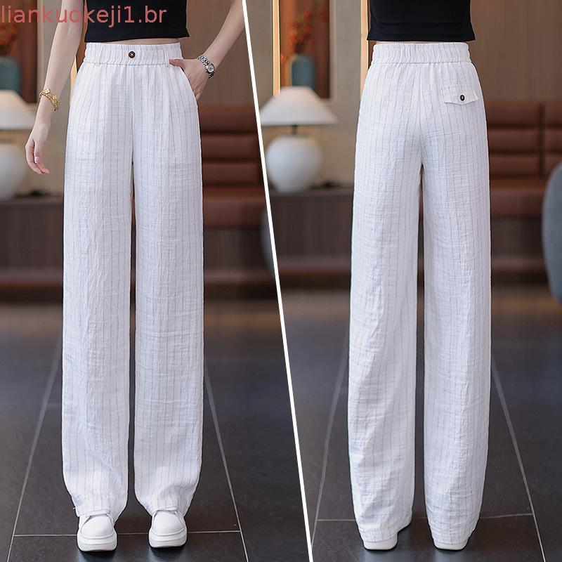 Estilo coreano verão novo estilo linho listrado calças de perna larga feminina cintura alta Drape olhar alto solto em li