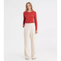Calça Wide Leg Moletom Peluciado Básico Rovitex Bege