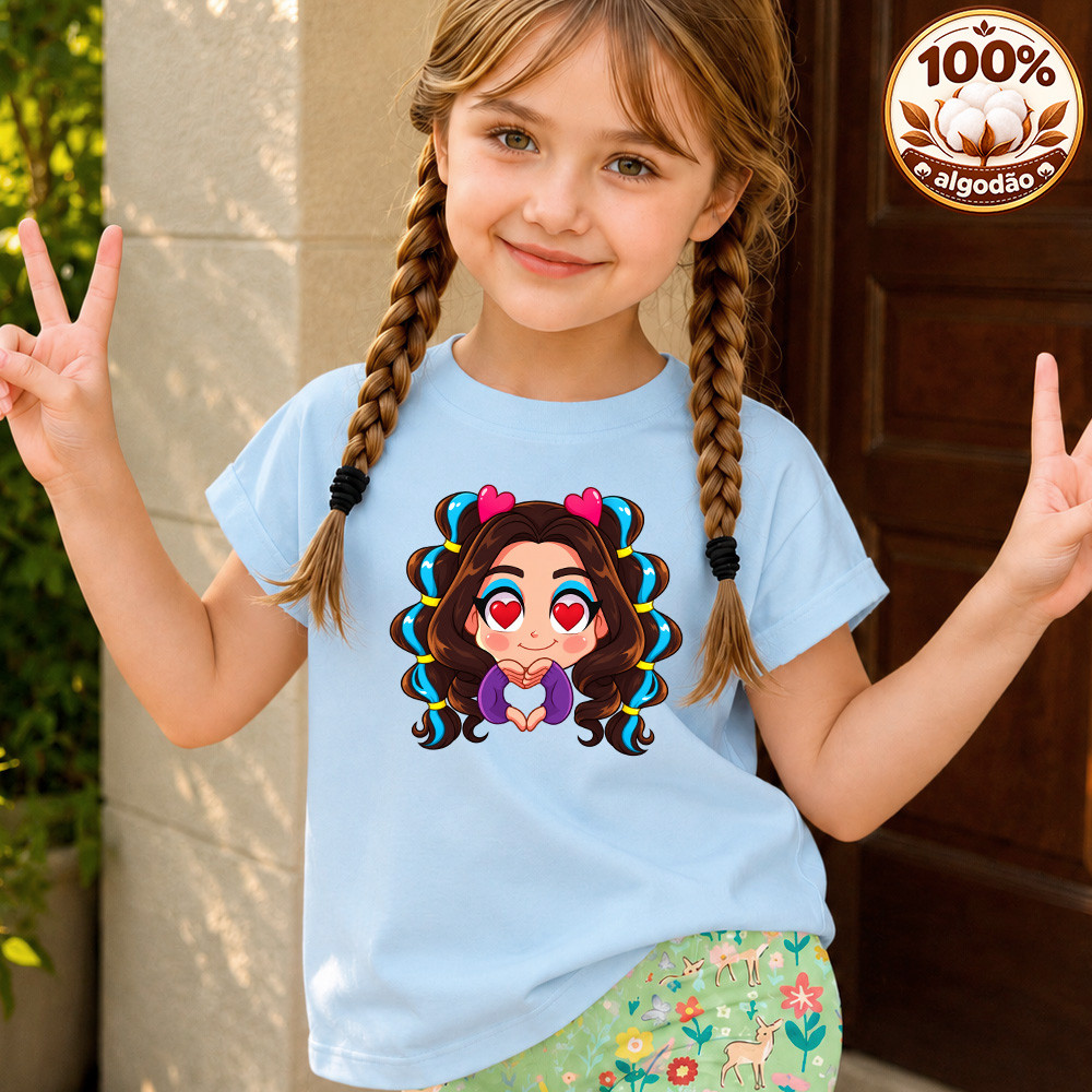 Camiseta Belinha Menina Infantil 100% Algodão Personagem Youtuber Presente Feminino Azul, Branco e Rosa
