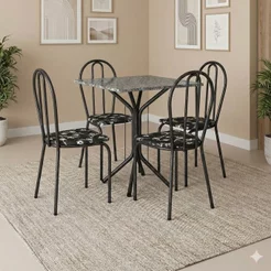 Conjunto Sala de Jantar 1 Mesa Tampo Granito Quadrado 4 Cadeiras Thais Preto/Cromo/Flor Cromo Preto/Preto Flor