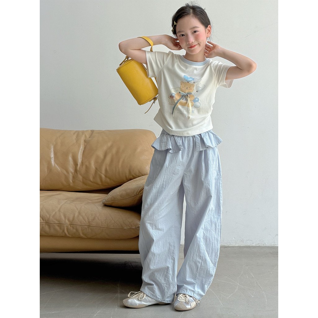 Meninas verão terno de manga curta 2026 novo estilo versão coreana Casual meninas grandes crianças doce legal camiseta c