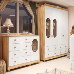 Quarto Infantil com Guarda-Roupas e Cômoda com Janelas Maya Provençal Yescasa Branco/Brilho/Amêndoa Branco