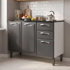 Balcão de Cozinha em Aço 3 Portas 2 Gavetas 120cm com Tampo New Premium Itatiaia Cinza Grafite/Branco Grafite/Branco