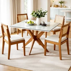 Conjunto Sala de Jantar Mesa Donna com 4 Cadeiras Rainha em Madeira Maciça Marrom/Mel/Off White