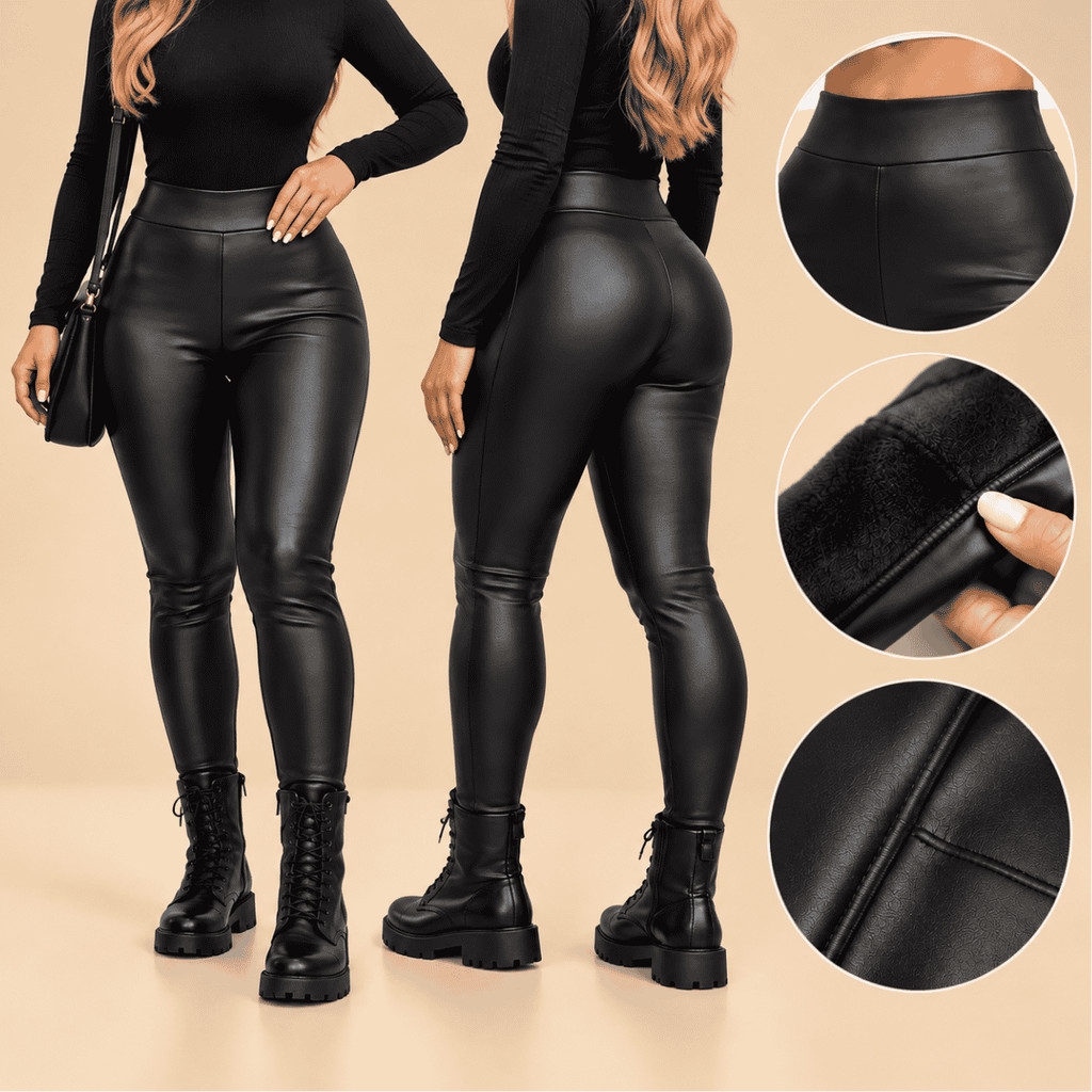Calça Feminina Preta Peluciada Efeito Couro Forrada Quente Cintura Alta Uso Diário Inverno