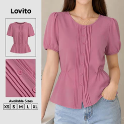 Lovito Blusa Rosa Elegante De Manga Curta Gola Redonda Botões E Pregas Primavera/Verão Para Trabalho Feminina BLB202P2D709