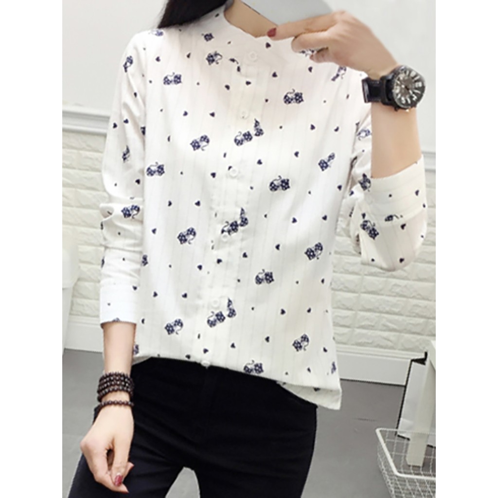 Primavera outono novo estilo camisa Floral feminina de manga comprida estilo ocidental estudante gola alta camisa solta 