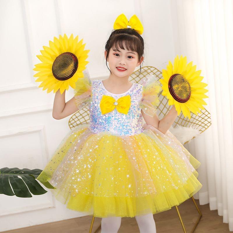 Amarelo fofo vestido de princesa flor florescendo traje de dança do sol traje de desempenho das crianças traje de desemp