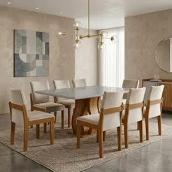 Conjunto Sala de Jantar Mesa Nuance Tampo Vidro/MDP com 8 Cadeiras Mônaco Yescasa Marrom/Castanho Cinamomo/Creme/Off