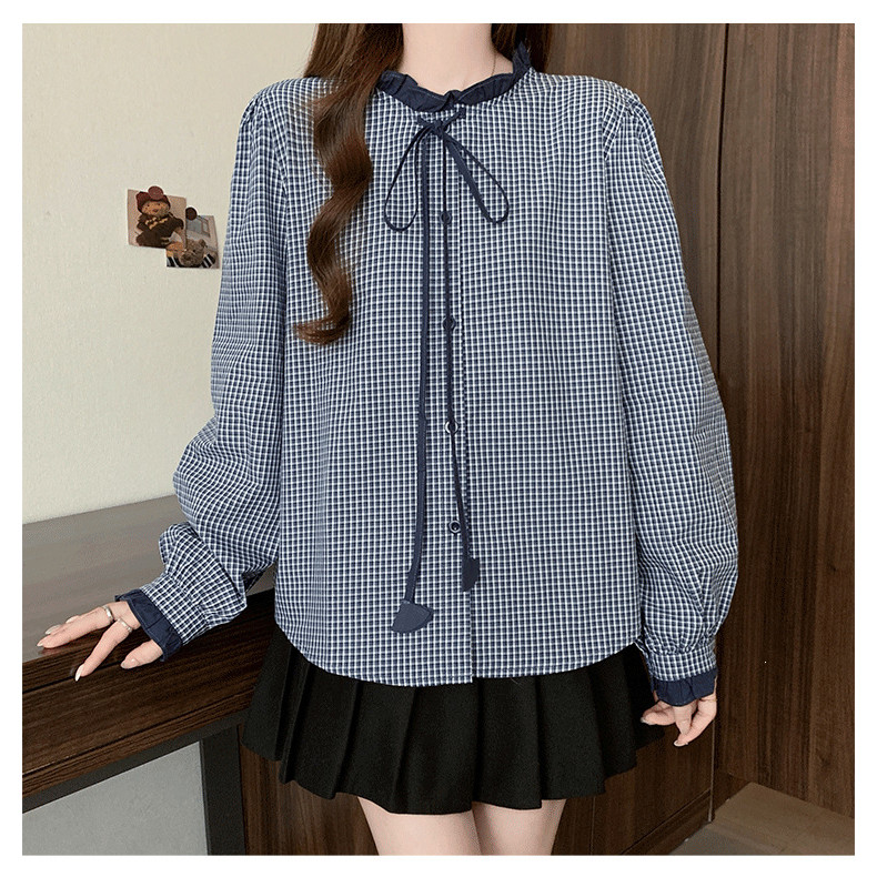 Olhos grandes [Roupas femininas grandes] Camisa de manga comprida-Outono Plus Size Roupas femininas Coreano Retro Moda L