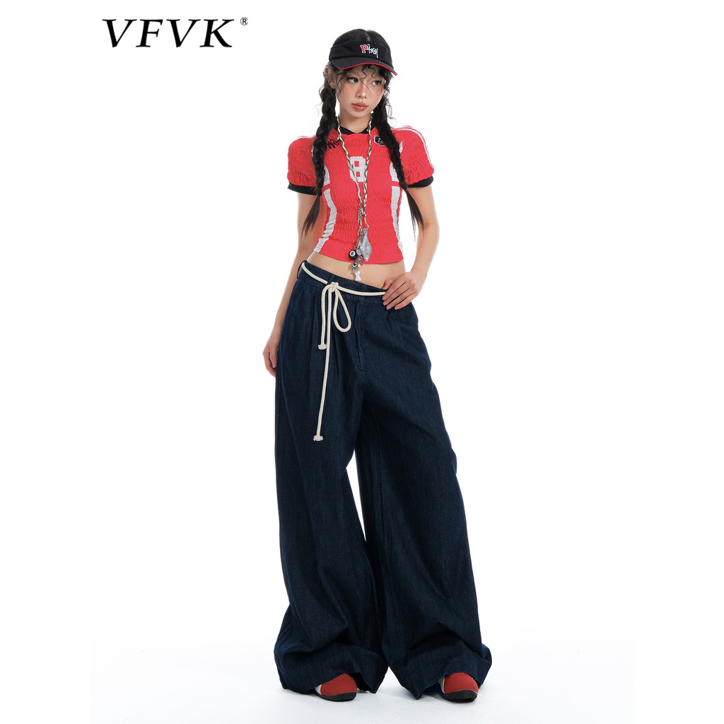 Vfvk azul escuro Jeans feminino 2026 novo estilo cobrindo virilha mais magro olhar calças estilo americano cintura alta 