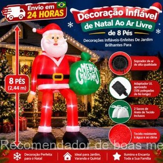 Envio em 24 horas, Decoração Inflável de Natal para Exterior de 8 pés, Decorações Infláveis - Ornamentos de Jardim Lumin