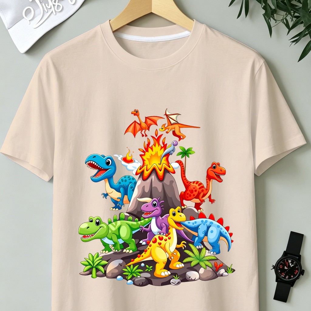 Camiseta Infantil Vulcão Dinossauro Camisa 100% Algodão Leve Confortavel e Estilosa