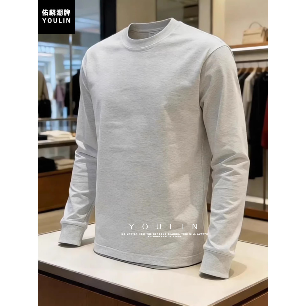 Flor cinza estilo americano moletom pesado masculino primavera outono puro algodão pequeno decote de manga comprida cami