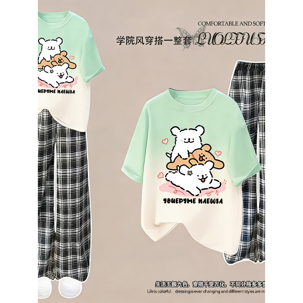 Crianças de manga curta gradiente camiseta estilo dos desenhos animados meninas verão filhote de cachorro impresso calça