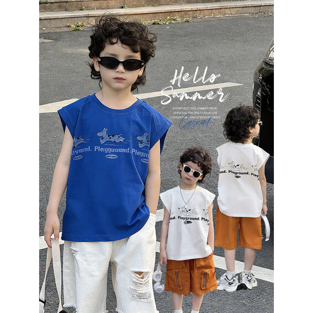 Meninos verão sem mangas colete camiseta versão coreana dos desenhos animados impresso crianças 2026 novo estilo moda me