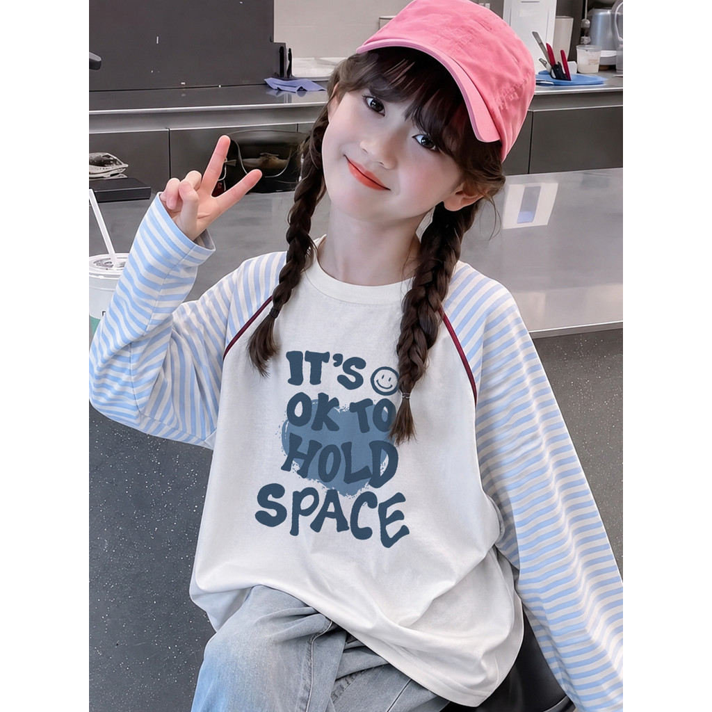 Letras de amor crianças contraste cor listrado costura manga comprida camiseta primavera novo estilo meninas médio grand