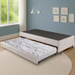 Bicama Box Solteiro Courino Linho Areia 88x188x28 cm com Colchão Auxiliar Ecoflex