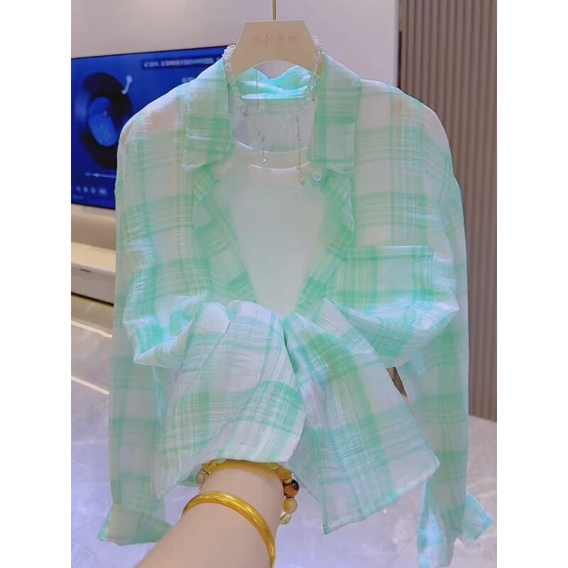 Versão coreana elegante leve respirável camisa xadrez de manga comprida feminina verão novo estilo elegante Casual camis