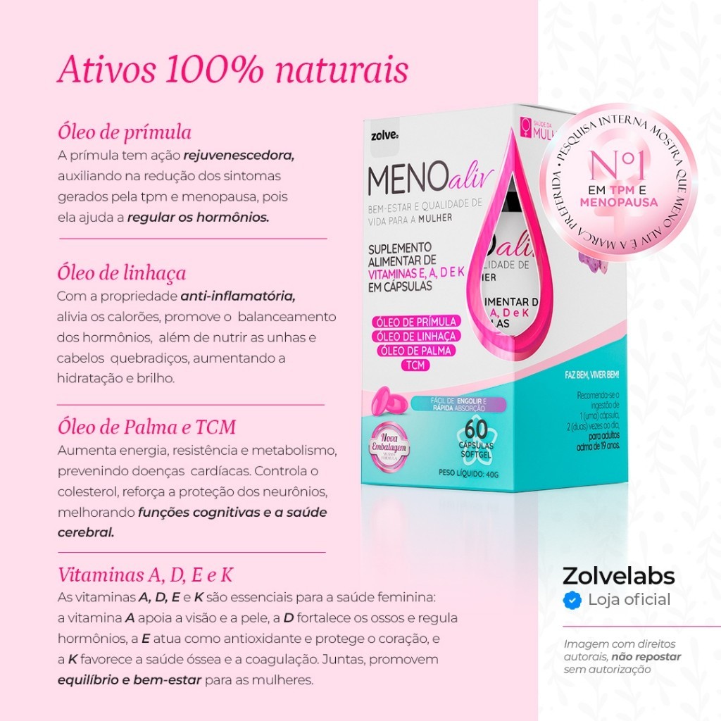 Meno Aliv® 3pt - Suplemento com Vitaminas A, D, E, K e Óleo de Prímula - Bem-Estar Diário Feminino — imagem 2 de 2