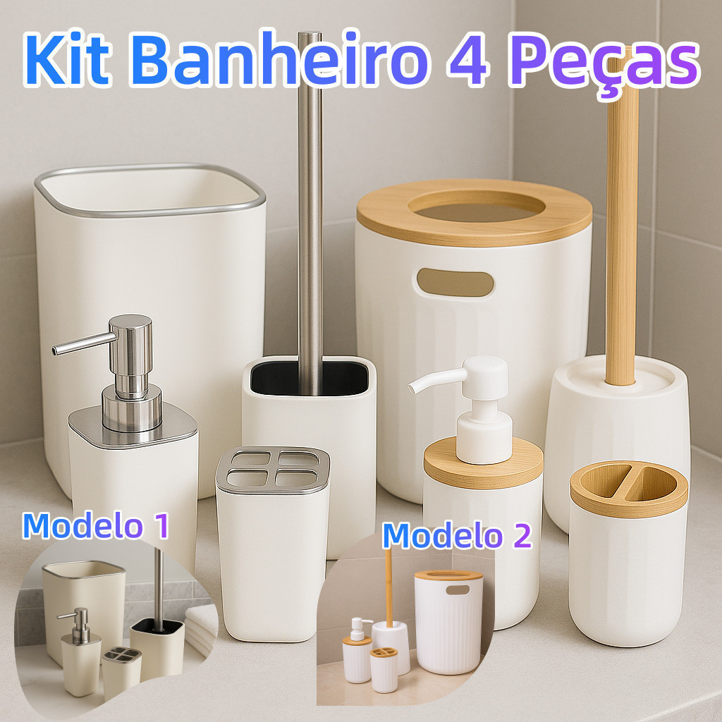 Kit Banheiro 4 Peças Quadrado Liso E Redondo Ondulado Sofisticado Detalhes em Bambu E Cromado Branco