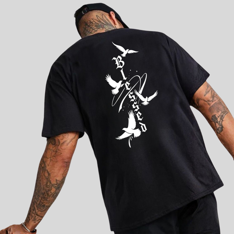 Camiseta Oversized Gola Alta Streetwear Estampado Frente e Costa T-shirt Blessed