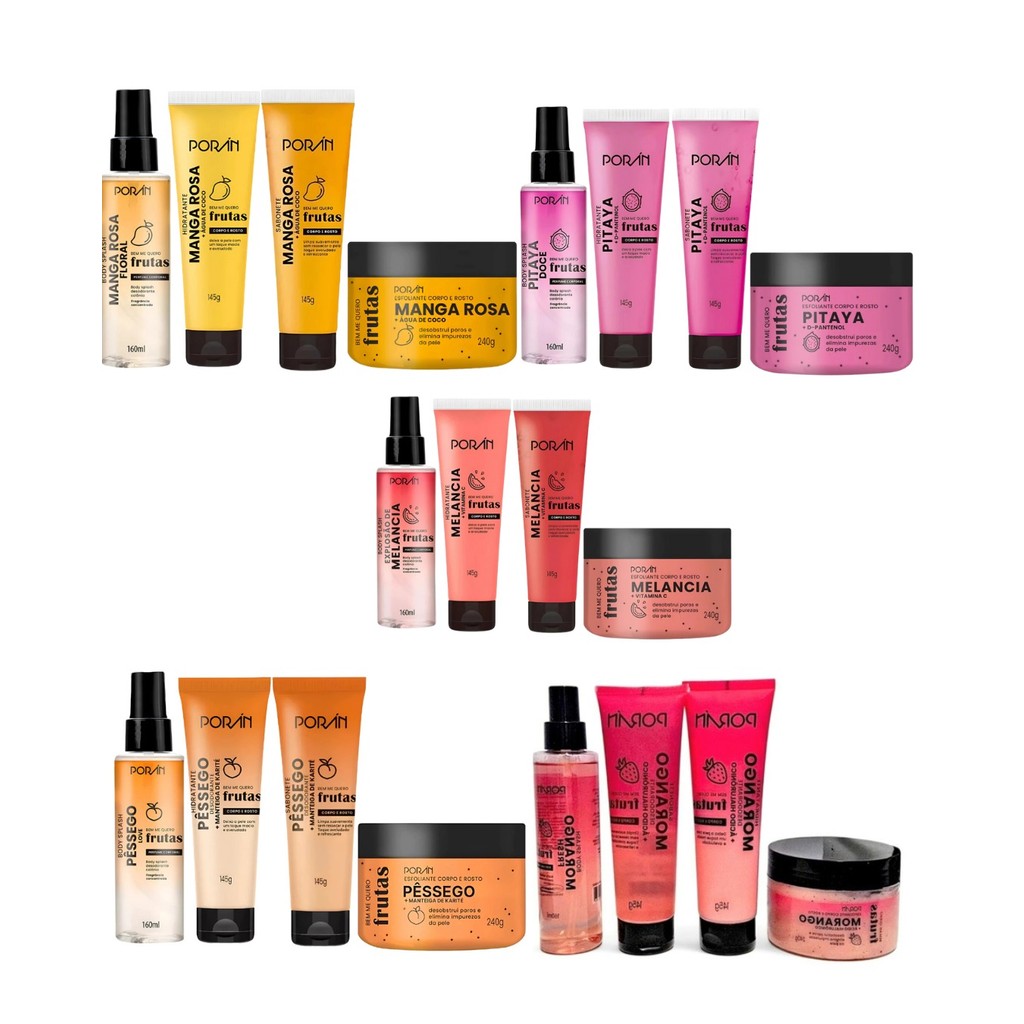 KIT LINHA COMPLETA FRUTAS PORAN (Sabonete+Esfoliante+Hidratante+BodySplash)