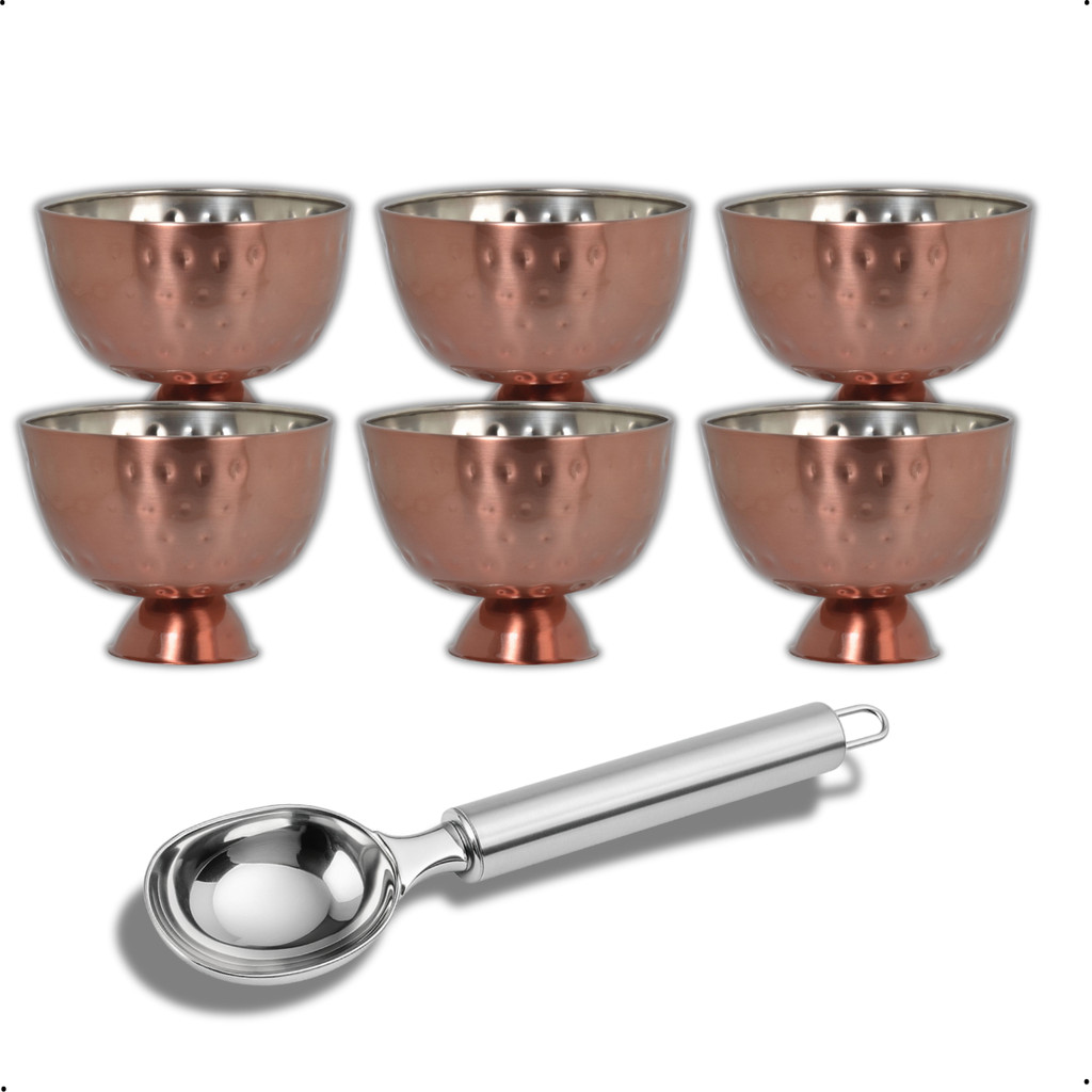 Kit com 6 Taças de Sobremesa  sorvete doces Martelada Rose + Colher Boleadora de sorvete Inox
