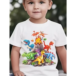 T-shirt de verão para rapazes com desenho de dinossauro - Cena vibrante de vulcão